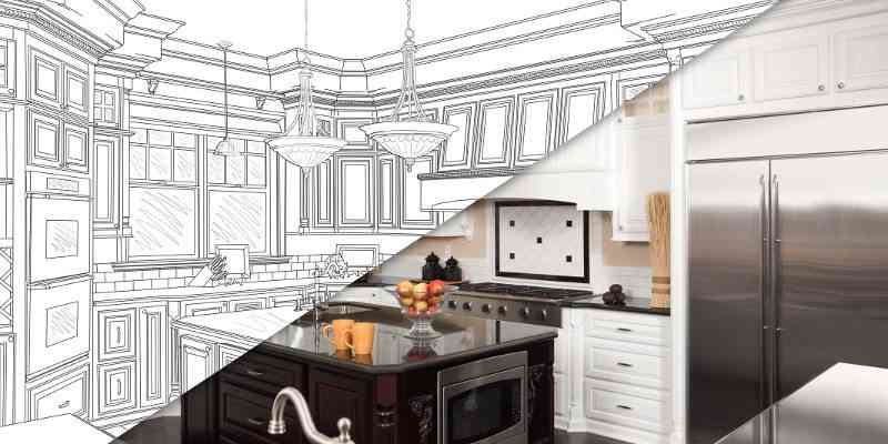 image representing conversion of sketch into real kitchen