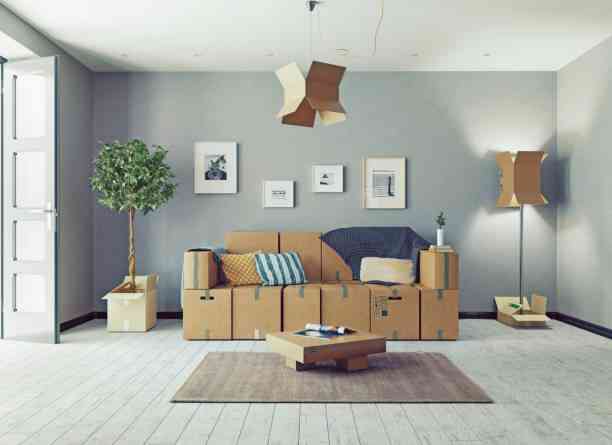 image of house interior with packed boxes