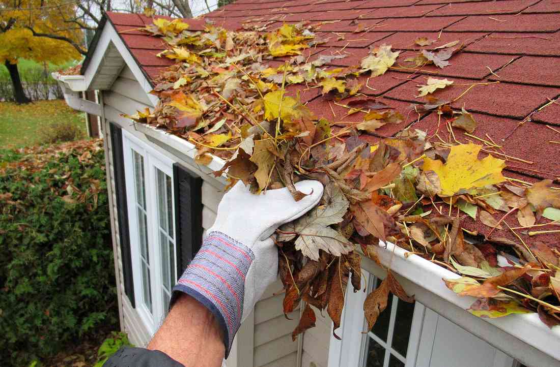 person cleaning leaves from gutter