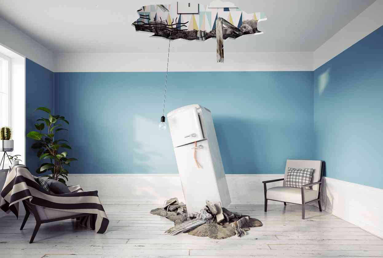 image of broken ceiling with refrigerator